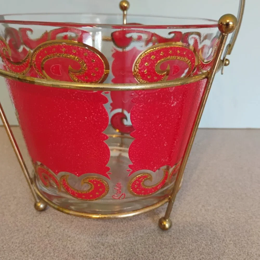 Starlyte Red Enamel and Gold Vintage Ice Bucket and Carrier